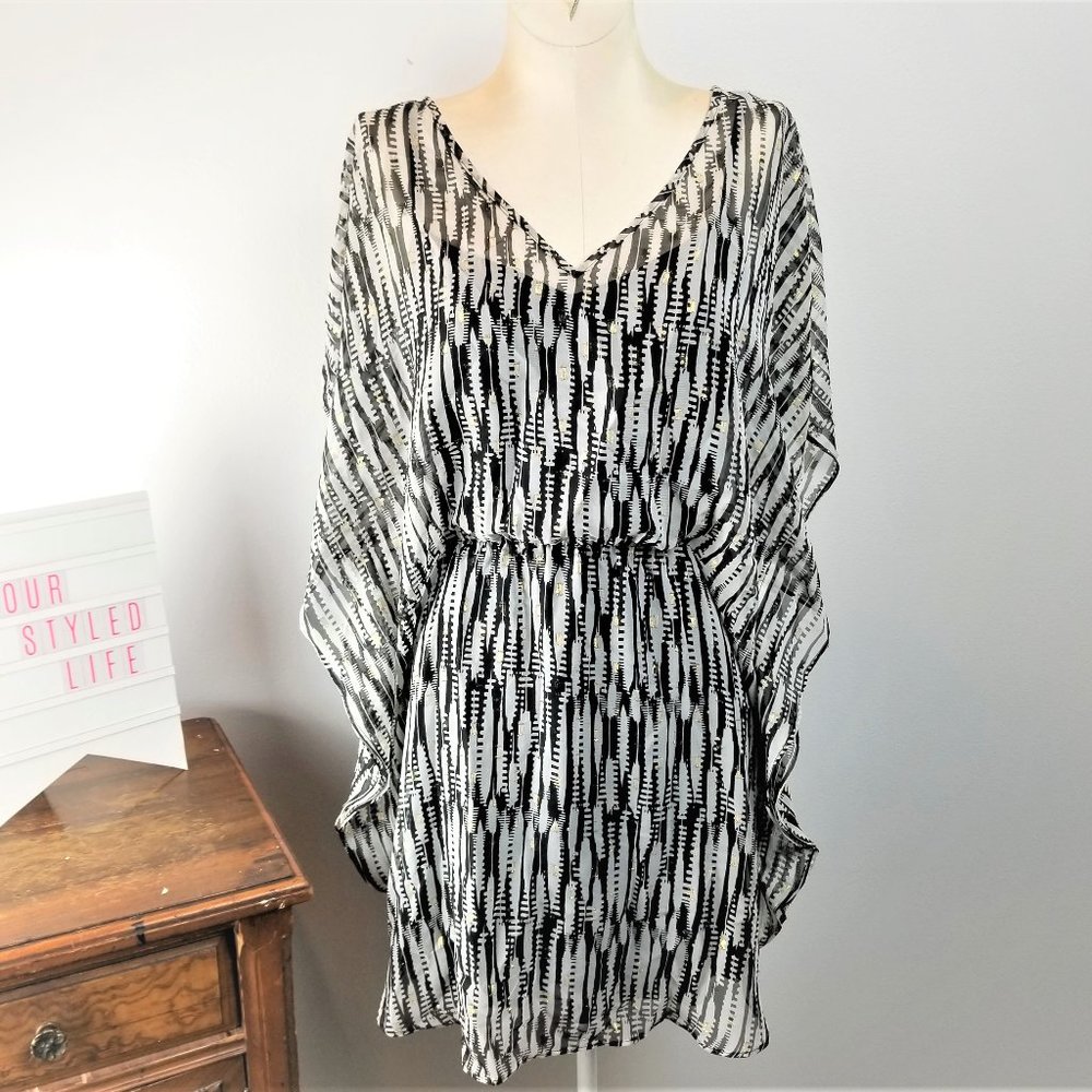 Express Sheer Black White Gold Dress Shirt XS